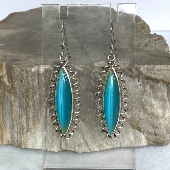 Sterling Silver 925 Marquise Turquoise Blue Cats Eye Spiral Dangle Earrings - Picture 7 of 16
